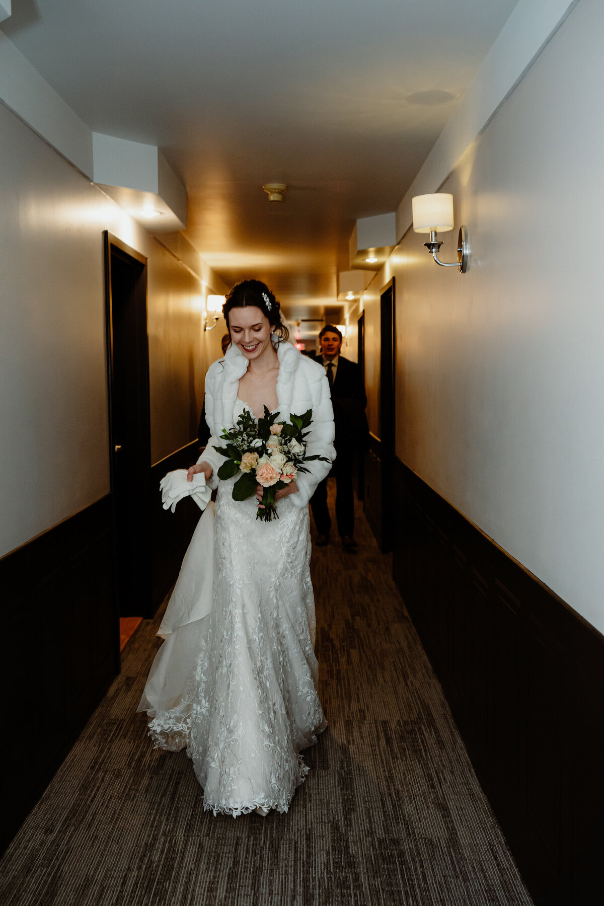 bride walking a hallway