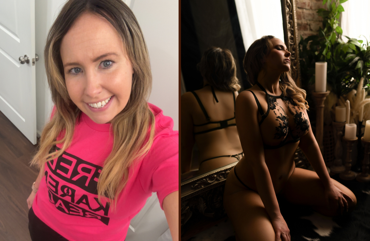 Before and after transformation showing hair and makeup from a BombShell Boudoir session