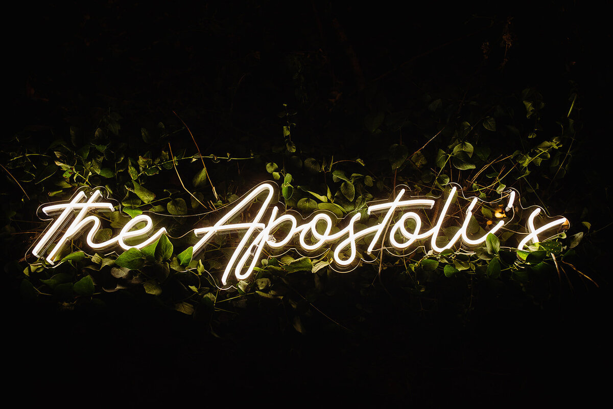 Neon wedding sign of the couple's last name.