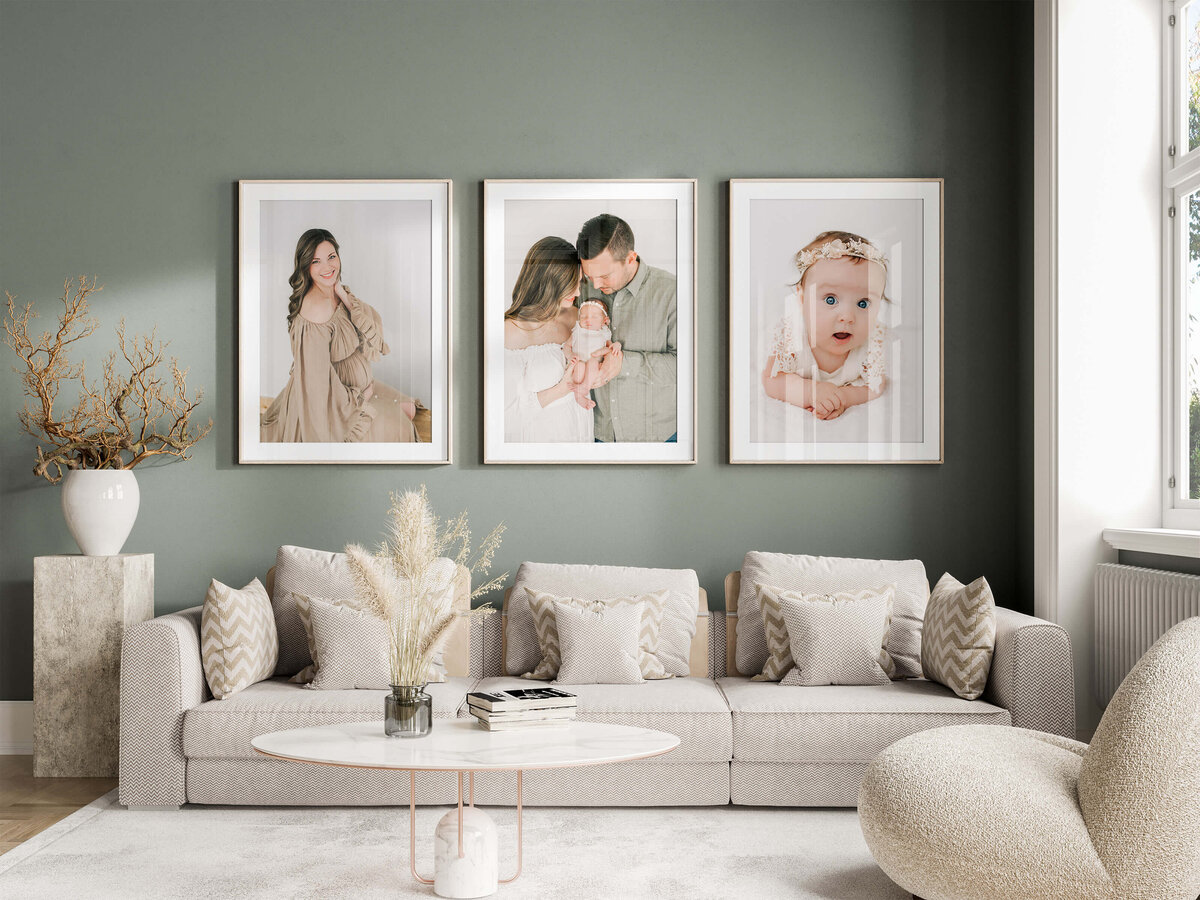 photo gallery of maternity, newborn and milestone photos hung on living room wall captured by The XO Photography