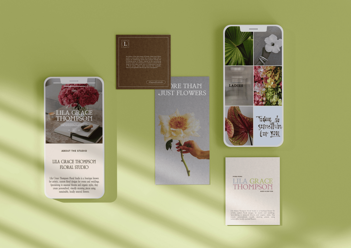 A branding mockup featuring a smartphone displaying the Lila Grace Thompson Floral Studio website, business cards, and a mood board with images of flowers and the text "More Than Just Flowers."