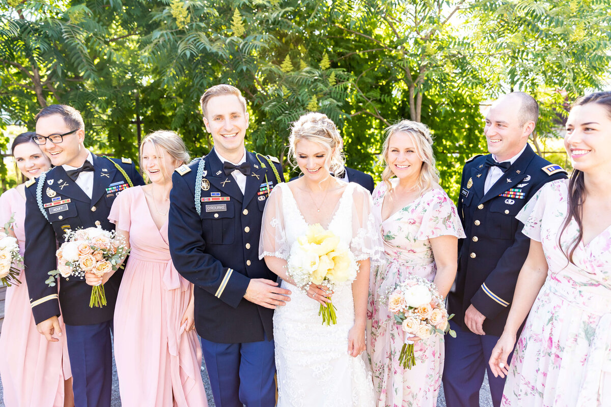 Bride and groom with wedding party at Fat Bottom Brewery wedding in Nashville, TN