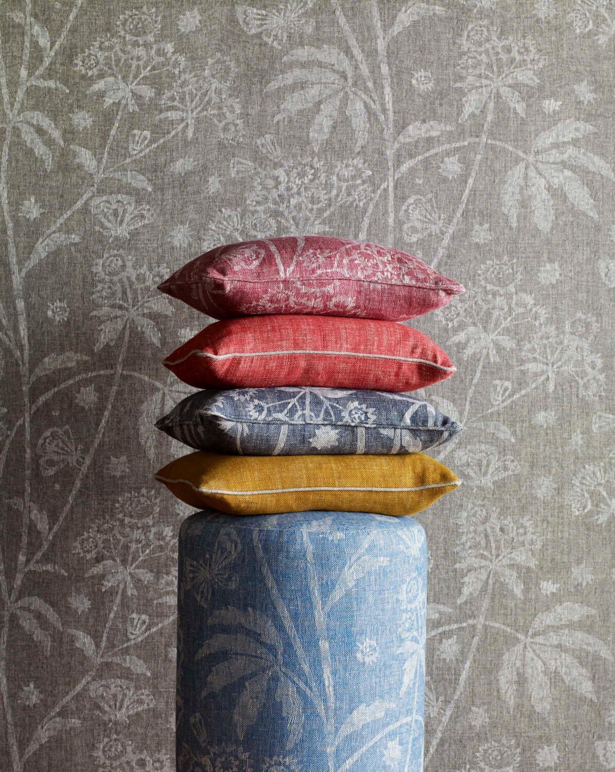 Fermoie Autumn 2020 - Footstool (by Lorfords) in Blue Astrea ASTR-010, Cushions (Top to Bottom) Pink Astrea ASTR-002, Tickled PInk N-006, Blue_Black Astrea ASTR-012, Club Yellow N-012, Walling in Astrea ASTR-014