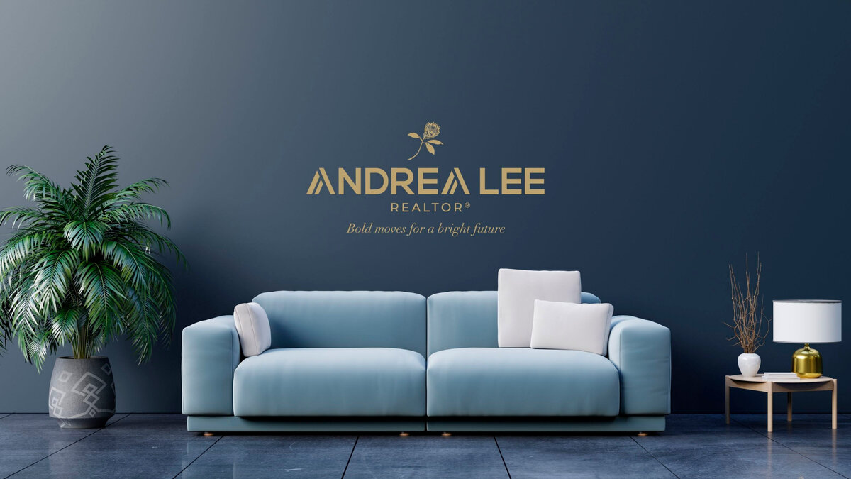 Case Study mockup for Andrea Lee Realtor™ brand identity design by Baer Brand Studio, featuring logo and website concept on a navy background with modern sofa, lamp and plant