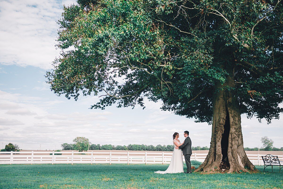 Bride wearing a flowing white dress with a long train embraces the groom wearing a dark gray suit as they stand underneath a large green tree along a white horse fence at Rippavilla Plantation in Nashville, TN