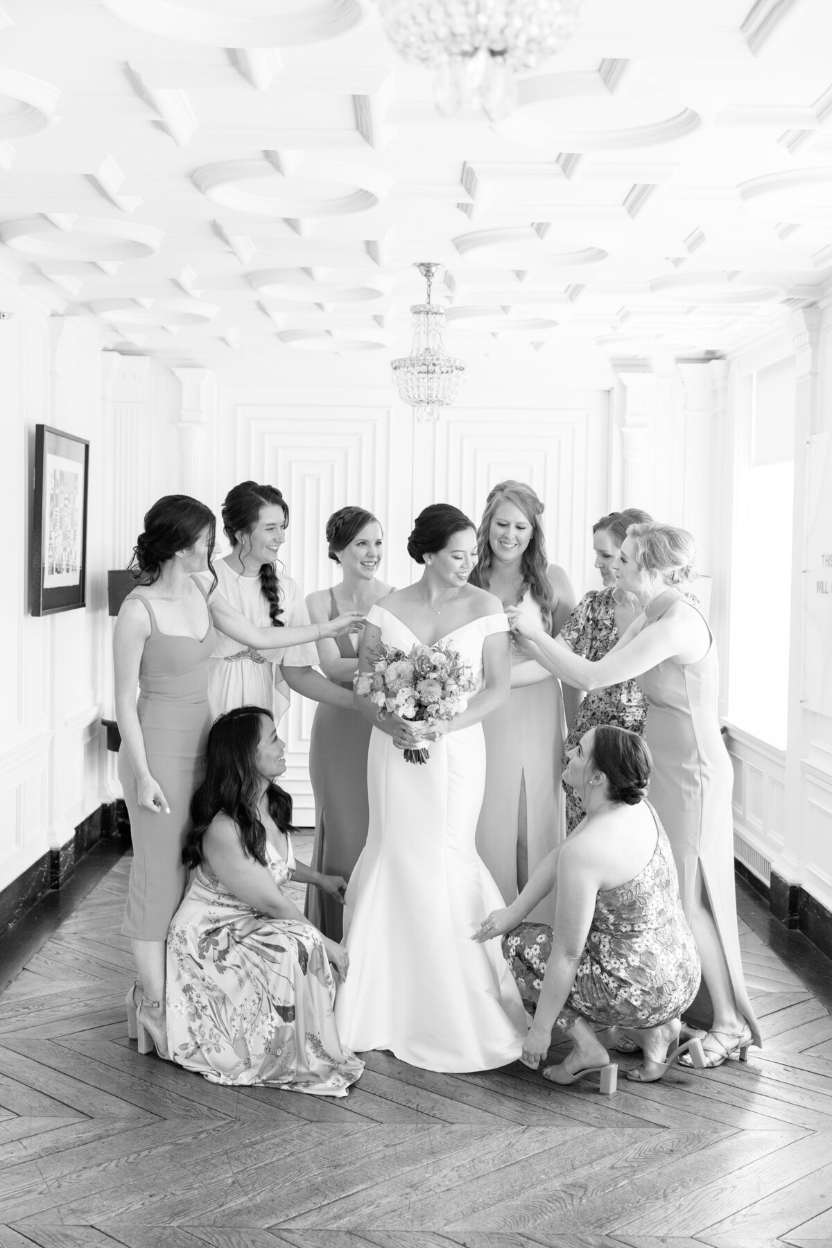 Black and white photo of bridesmaids and bride