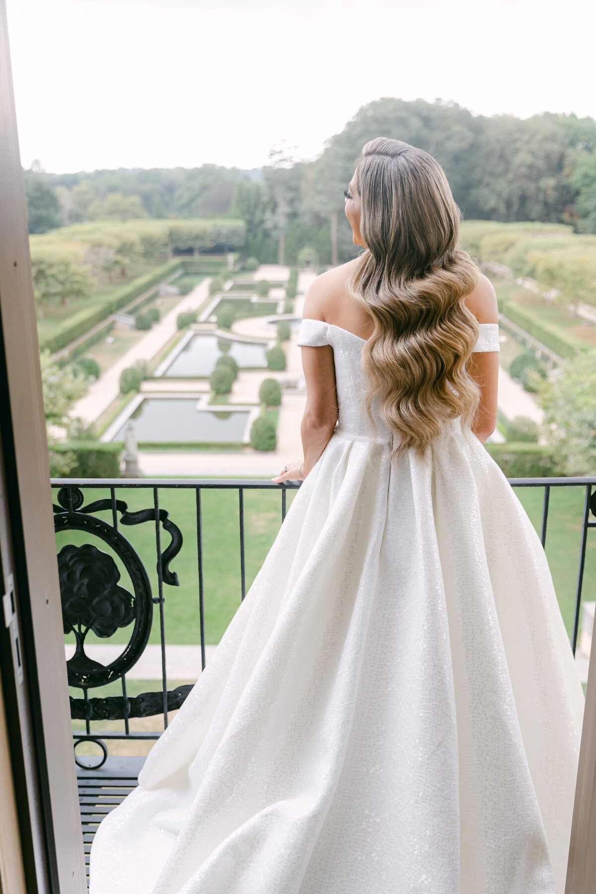 Oheka Castle Bridal Suite Wedding Photos, Oheka Castle Gardens  View from balcony, Oheka Castle Fine Art Editorial Wedding Photographer, Long Island Luxury Wedding Photographer