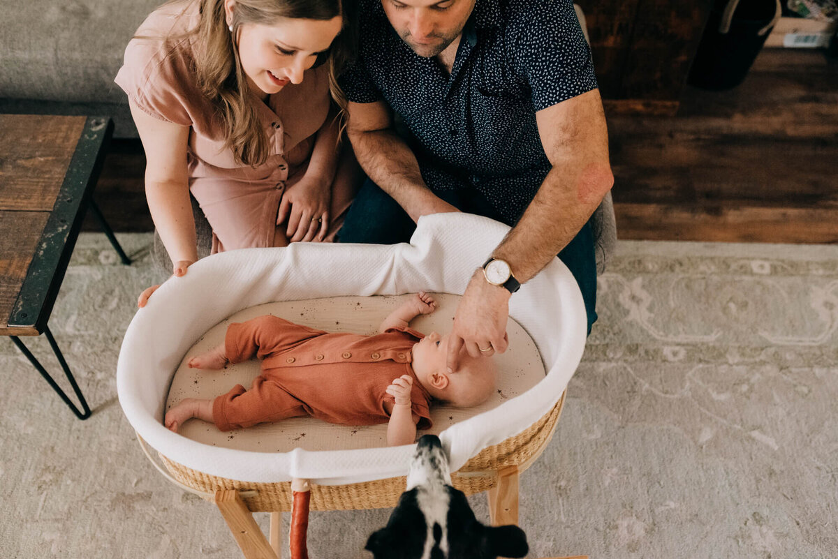 A young couple look lovingly at their newborn daughter laying in her cradle while their dog looks on as well during their photoshoot with Boston Newborn Photographer, Allison Wolf