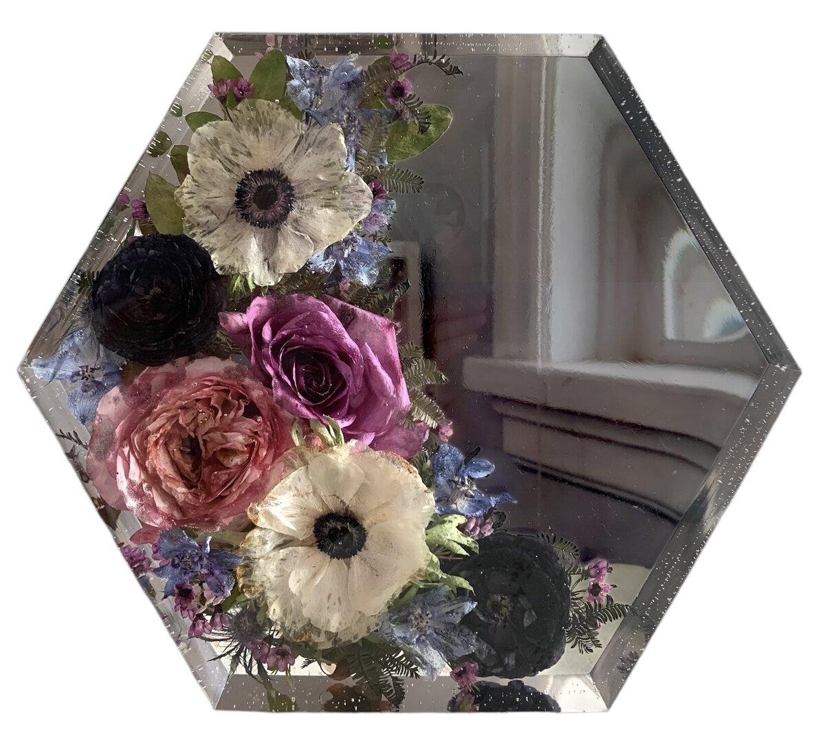 9” hexagon resin blocks with bright purple blue and white wedding flowers preserved as a family heirloom