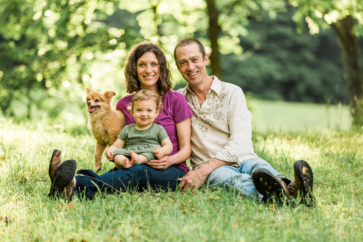 Family photo in Boone, NC of a mother, father, toddler and dog sitting in a field during a sunset family session.