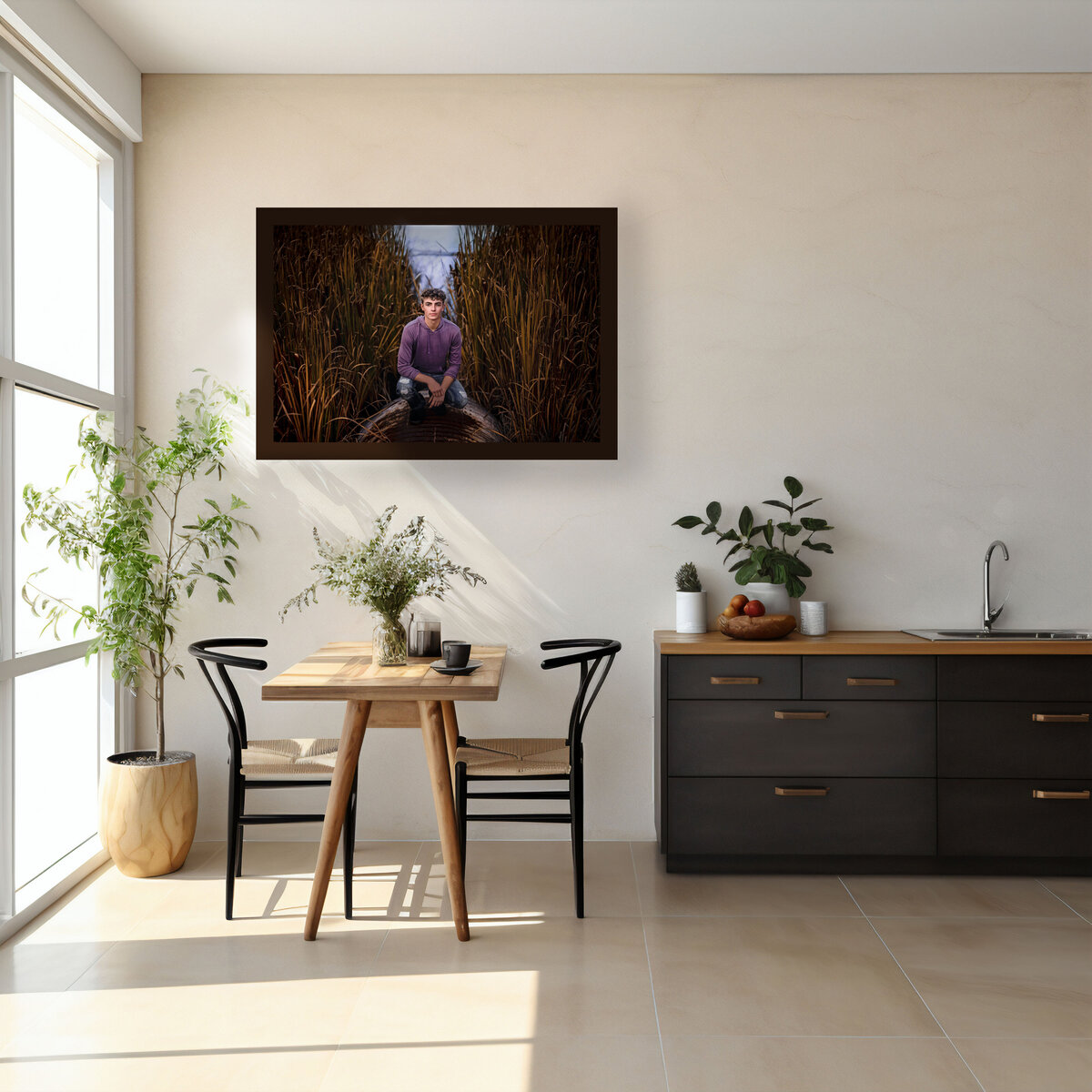 A portrait hangs on a wall in a dining room