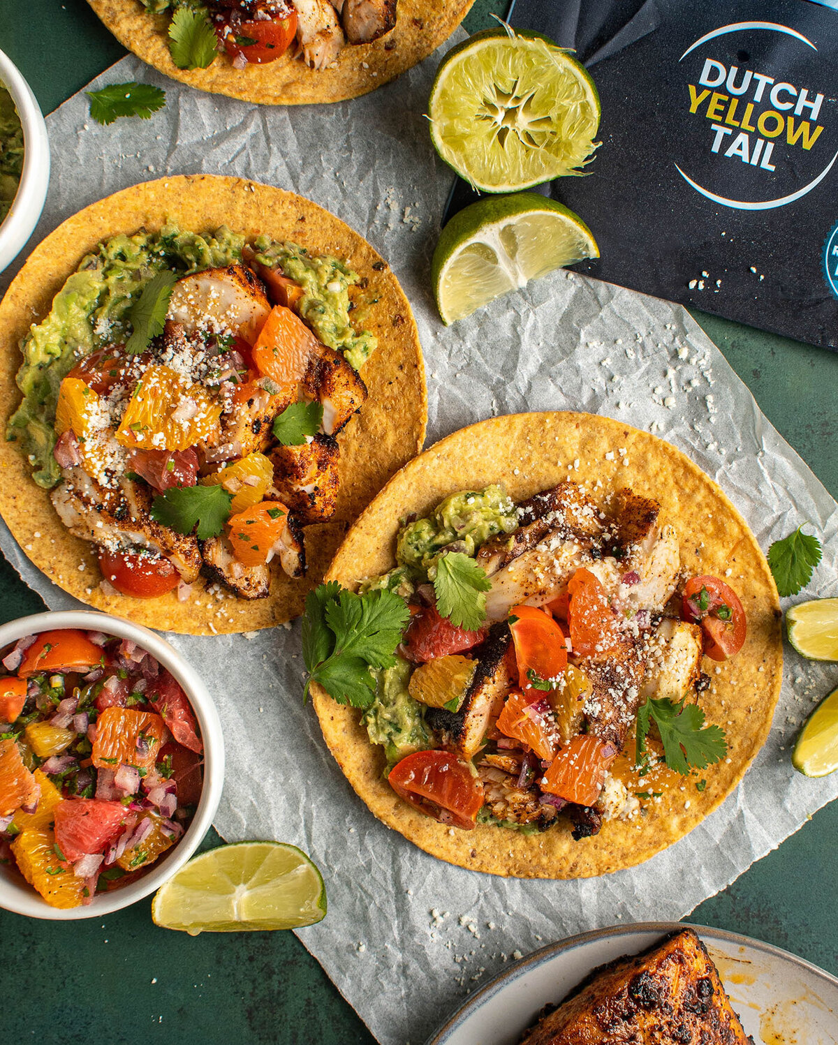 Dutch yellow tail product shot featuring fish tacos