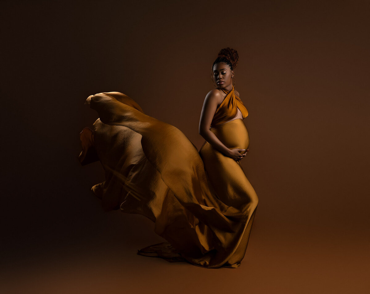 Warm-toned maternity portrait from Austin photographer's client dress collection featuring dramatic lighting and elegant posing