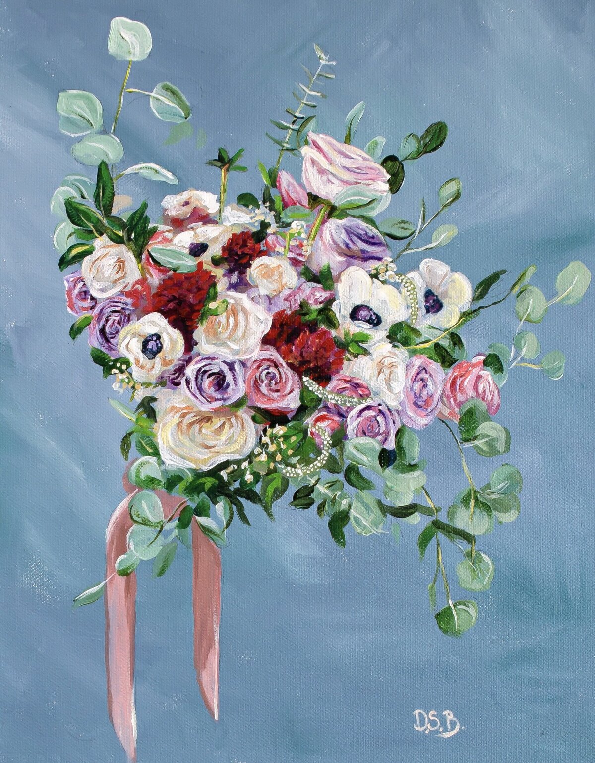 A painted wedding bouquet with rich toned florals