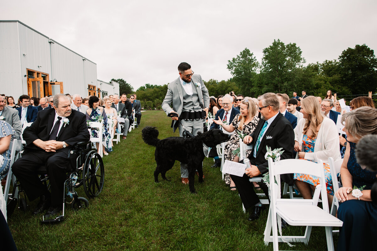 A man walks a black dog down the aisle as it greets guests