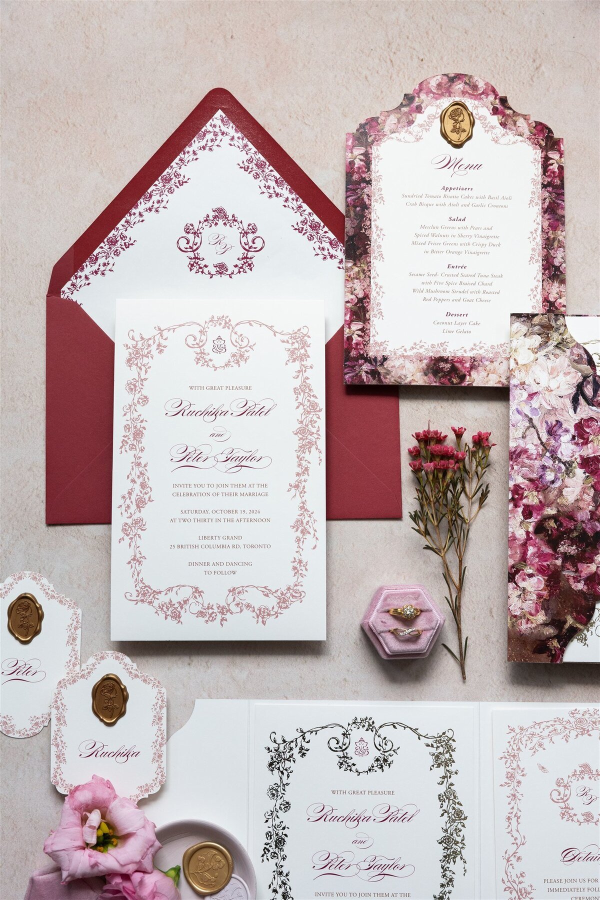 G Designers Burgundy Gold Foil Wedding Invitation 8