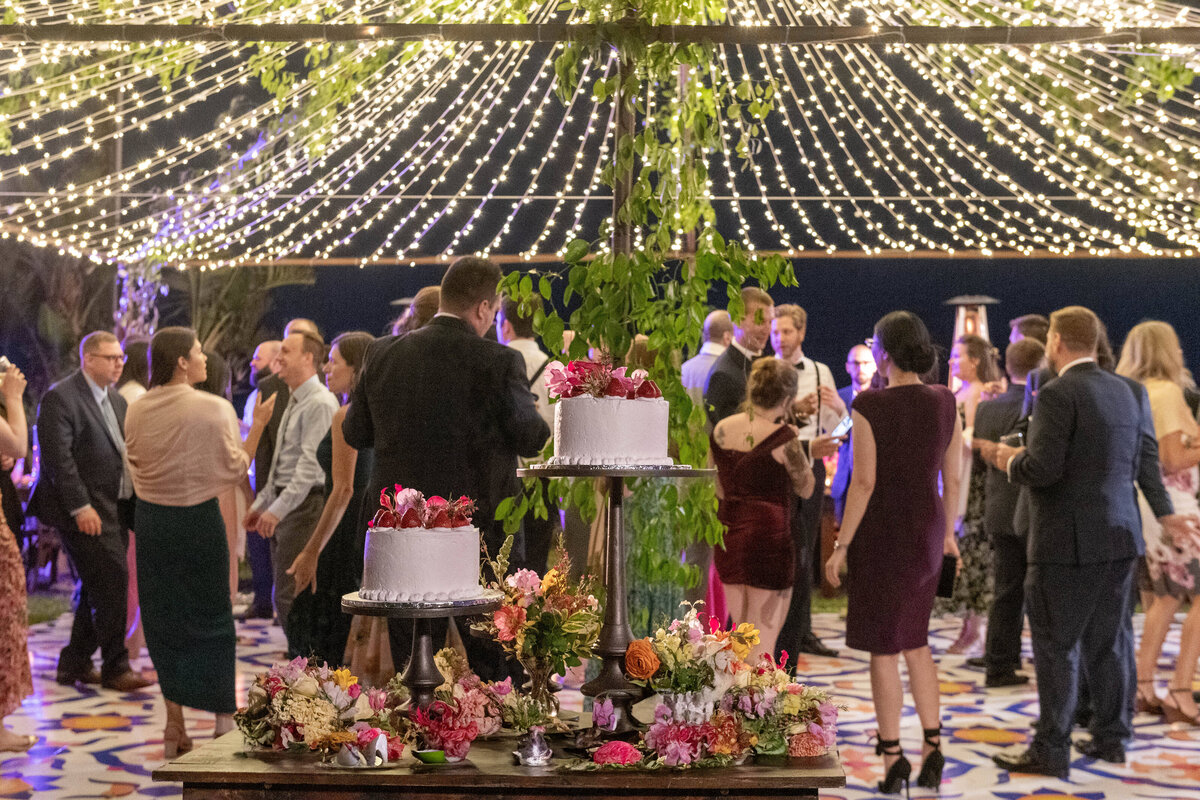 View of the cake and the dance floor at Seaview Estate in Malibu