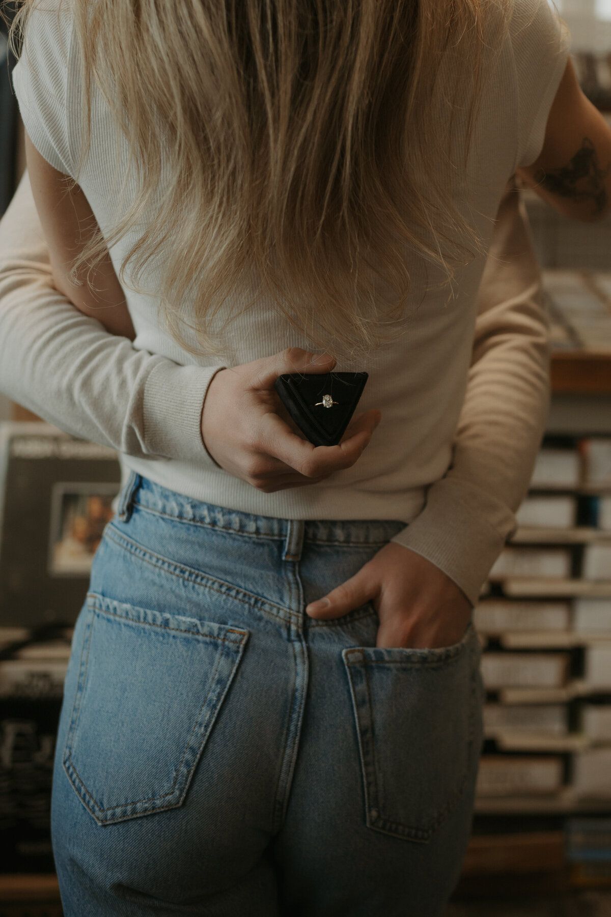 Photograph of engagement ring taken at Edmonton record store