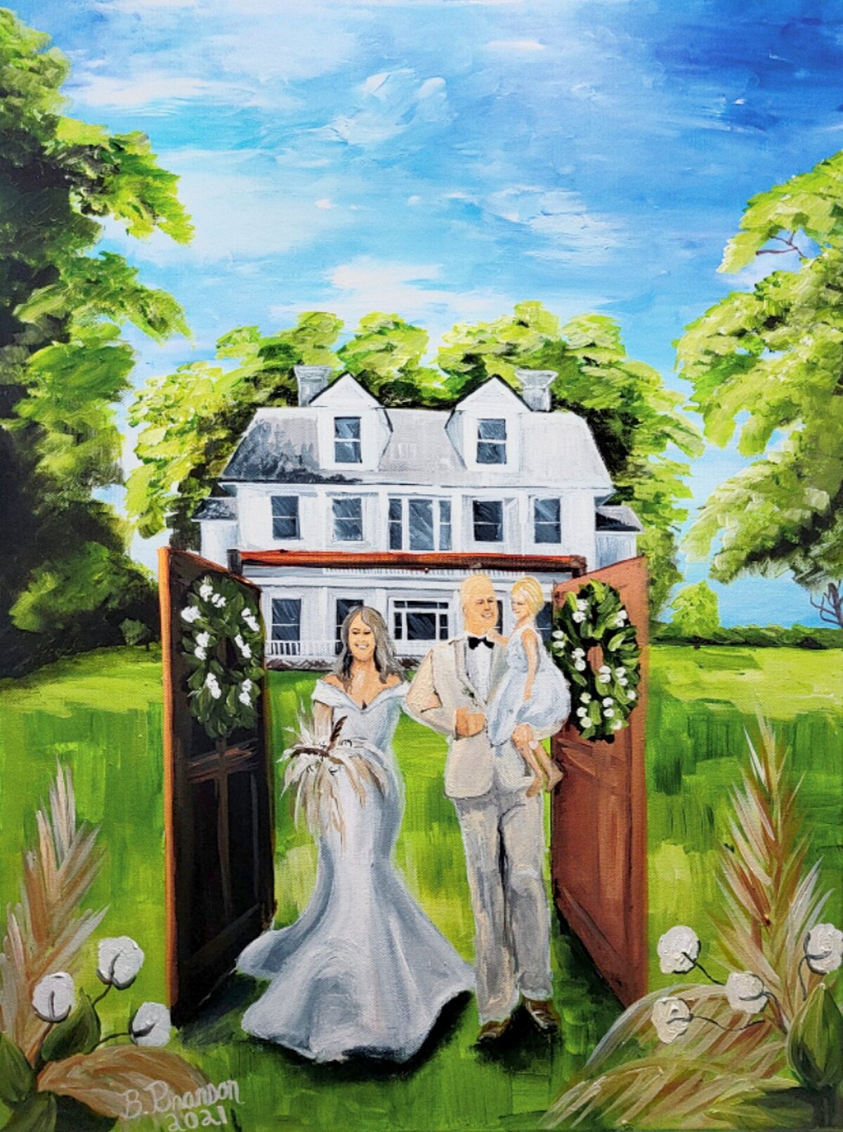 Rustic live wedding painting of a bride and groom walking up the aisle in Monetta South Carolina