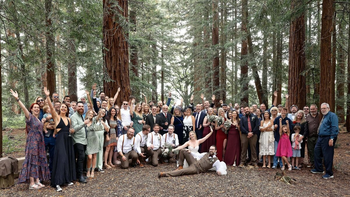 Group photo of all the wedding guests standing behind the bride and groom who are on the woodland floor