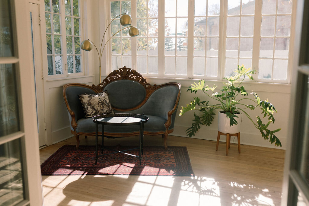 Sunroom with plant and vintage sofa  at the Terry Guesthouse in Longmont Colorado