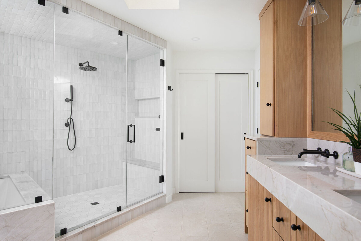 Hello Home modern bathroom remodel neutral wood and tile 4