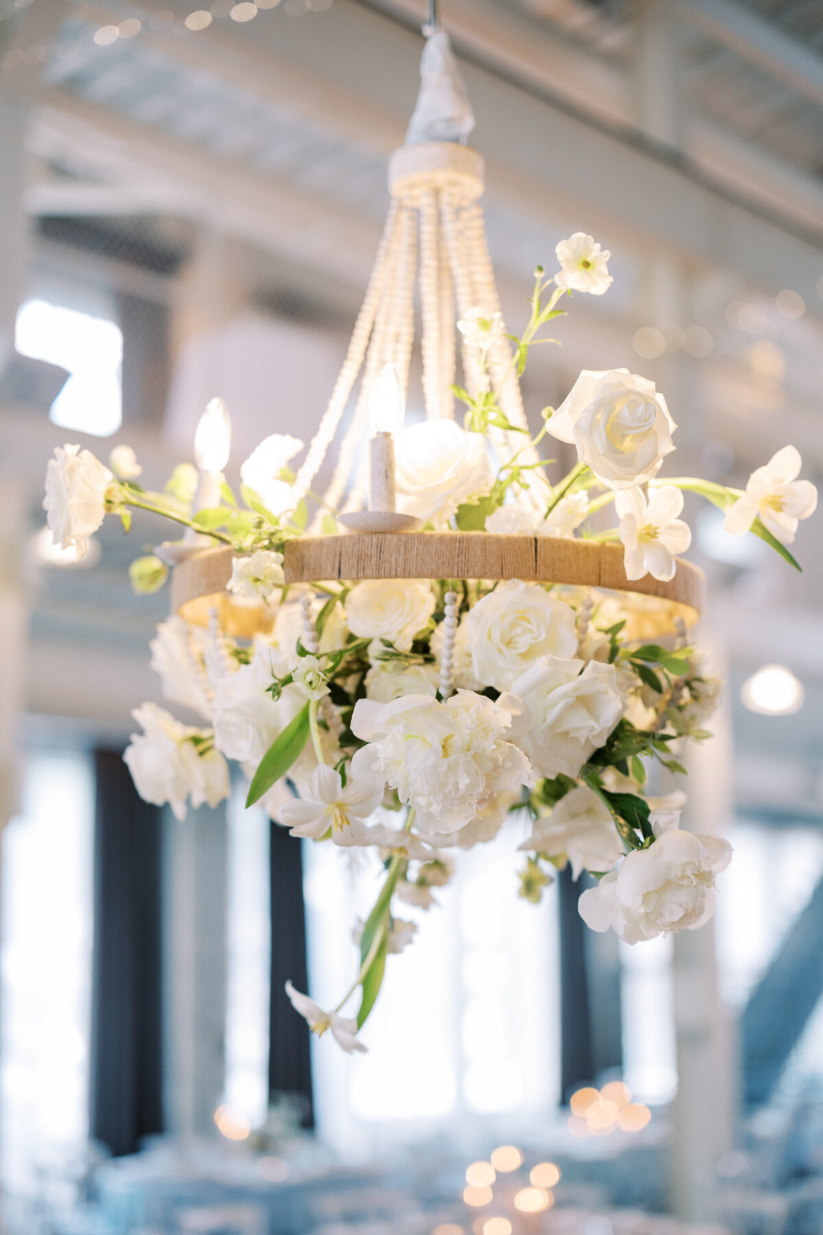 machine shop, minneapolis mn wedding, hanging floral installation
