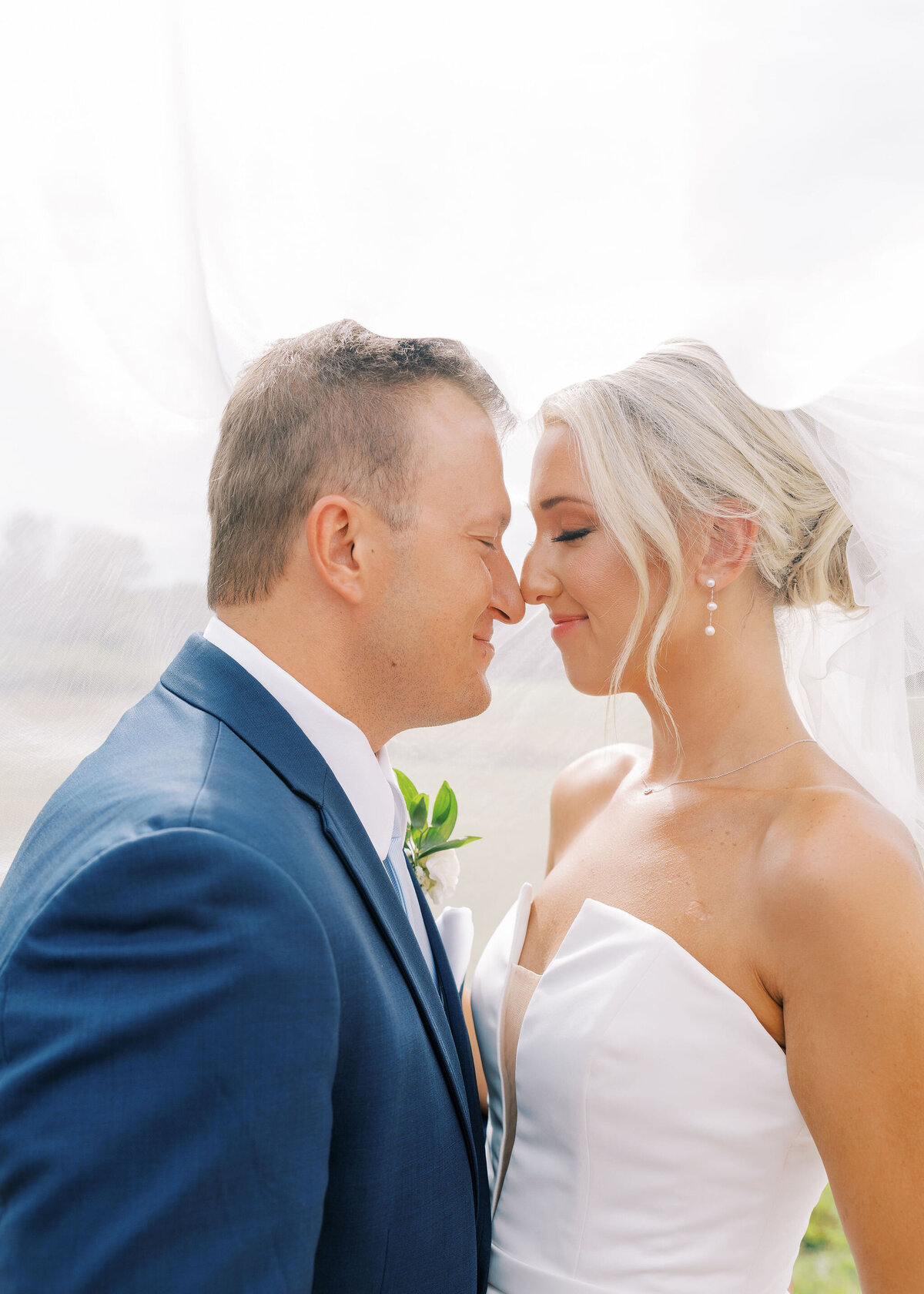 a bride and groom touching noses