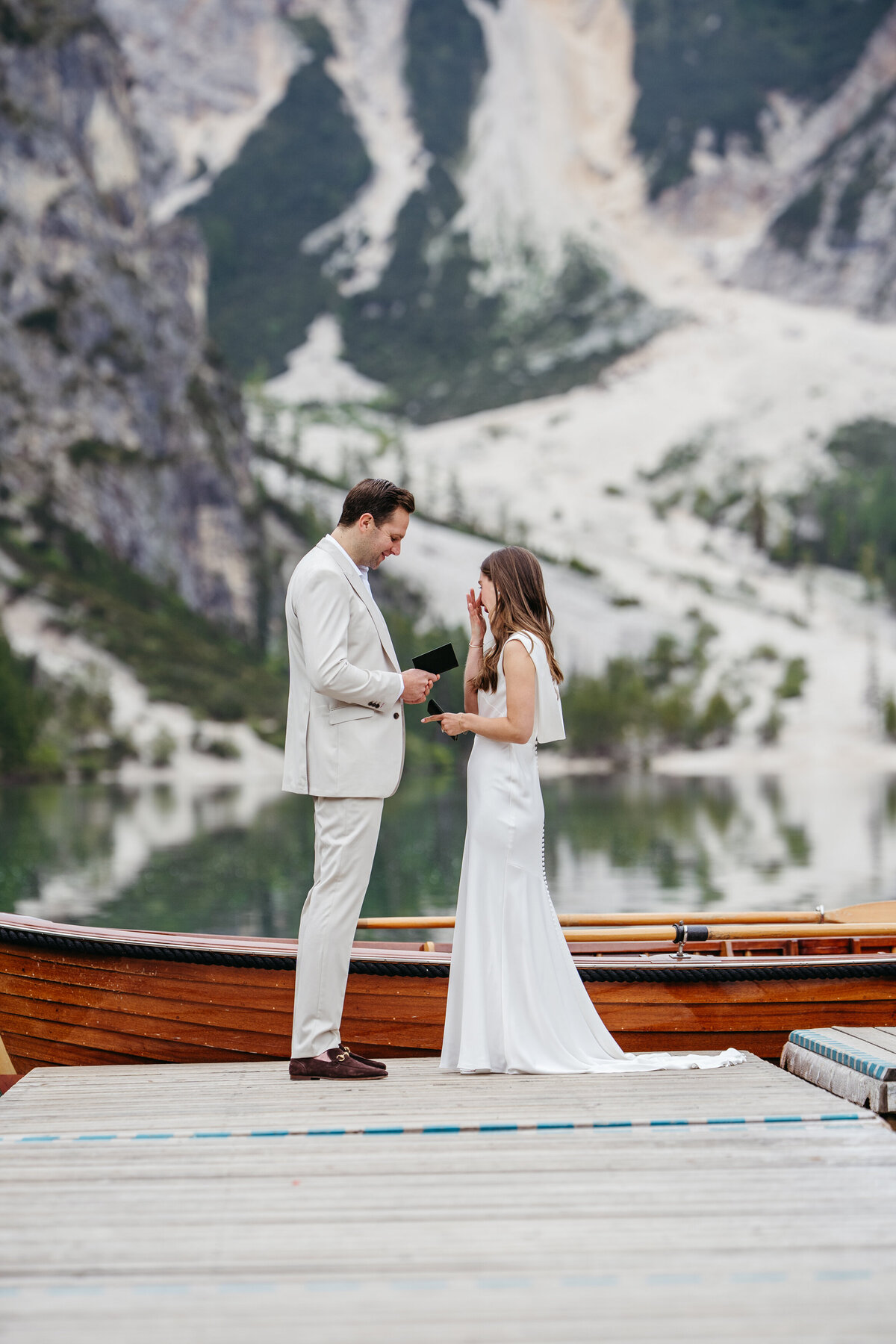 sweet couple romantic dolomites lake Braies elopement