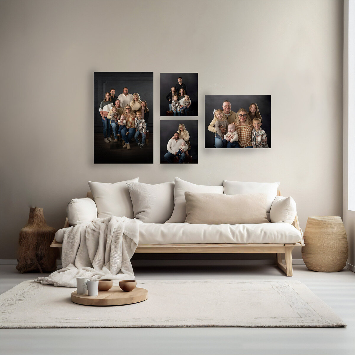 A variety of 4 different Pella Family Portraits hangs over a couch