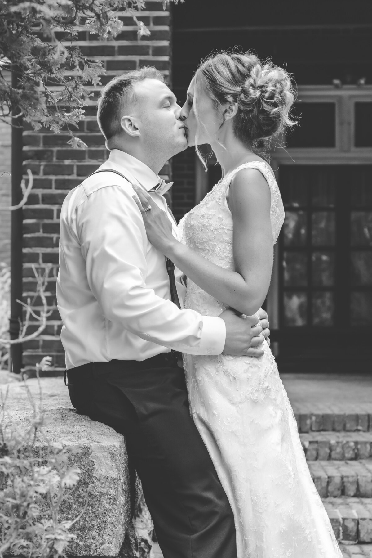 Black and white portrait bride and groom at wedding in Kennebunkport Maine