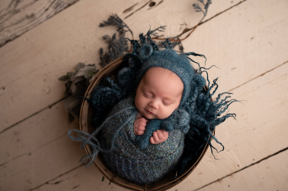 Portrait of a newborn baby wrapped in a knitted blue blanket and matching hat with bear ears attached. Infant is sleeping in an orchard basket and clutching a tiny blue teddy bear.