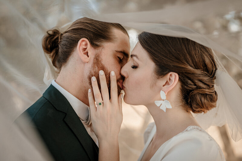 Photo intime d’un couple sous le voile de la mariée au Château de Bois Rigaud, un moment doux et romantique capturé le jour de leur mariage.