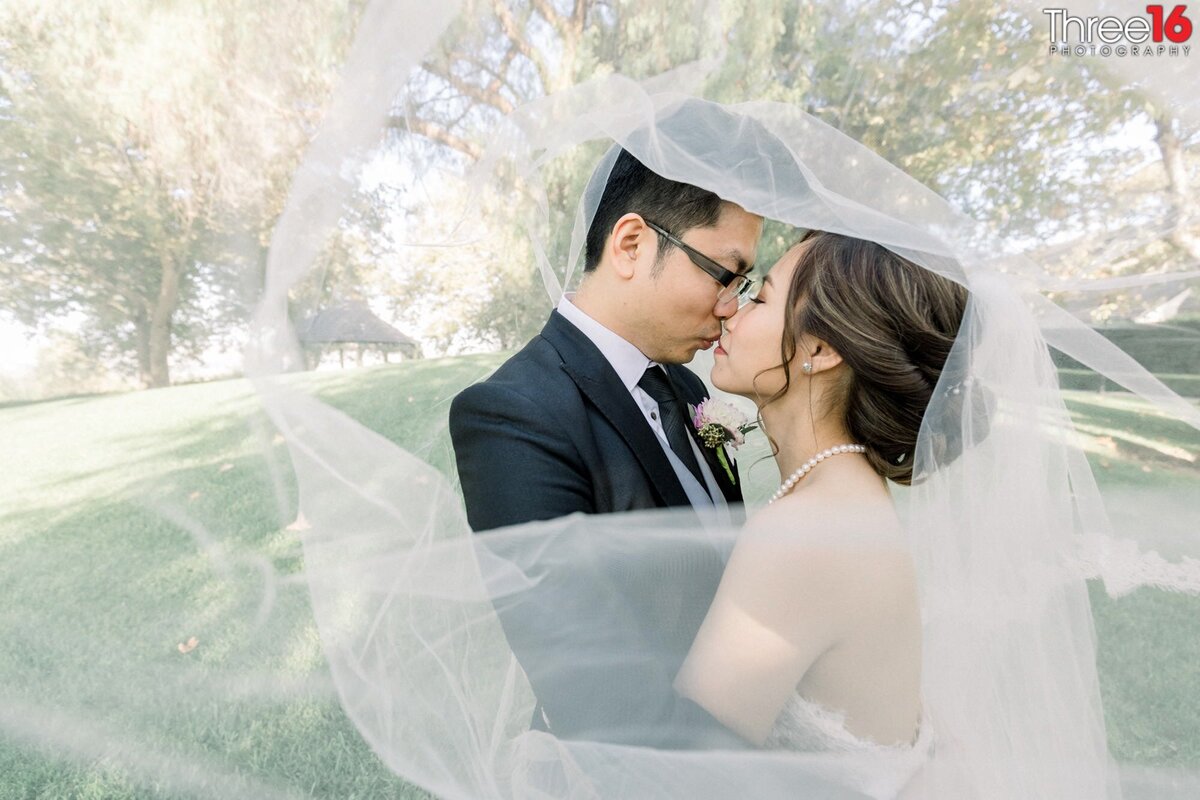 Bride and Groom share a tender kiss under the Bride's veil