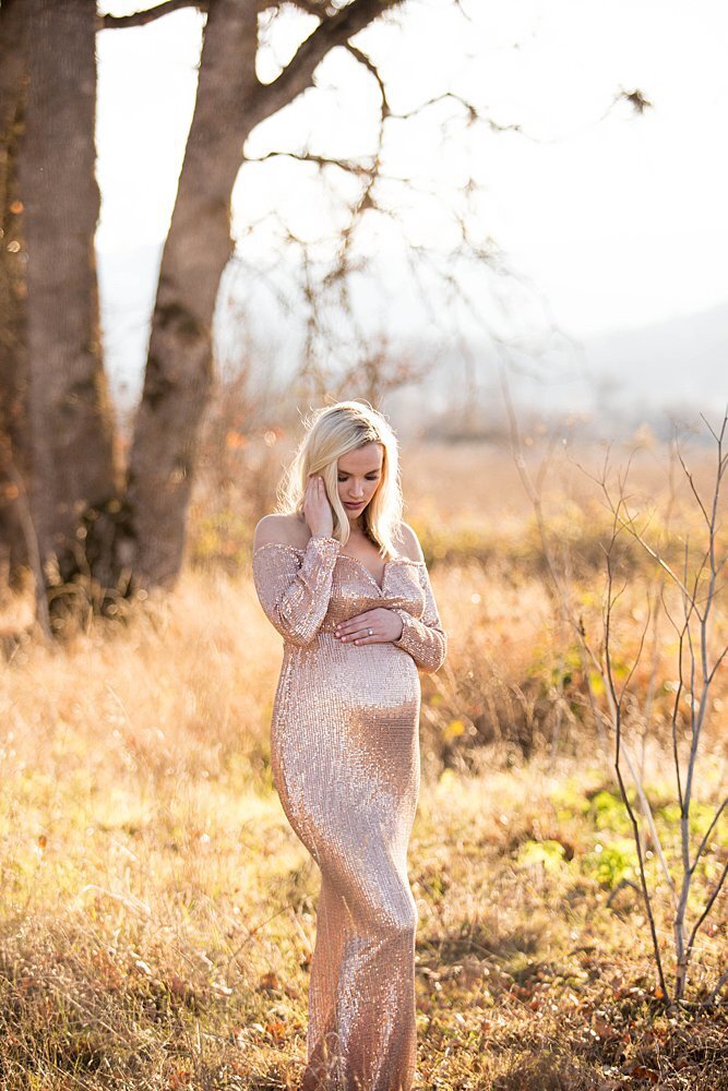 pregnant woman in sequin long dress at sunset