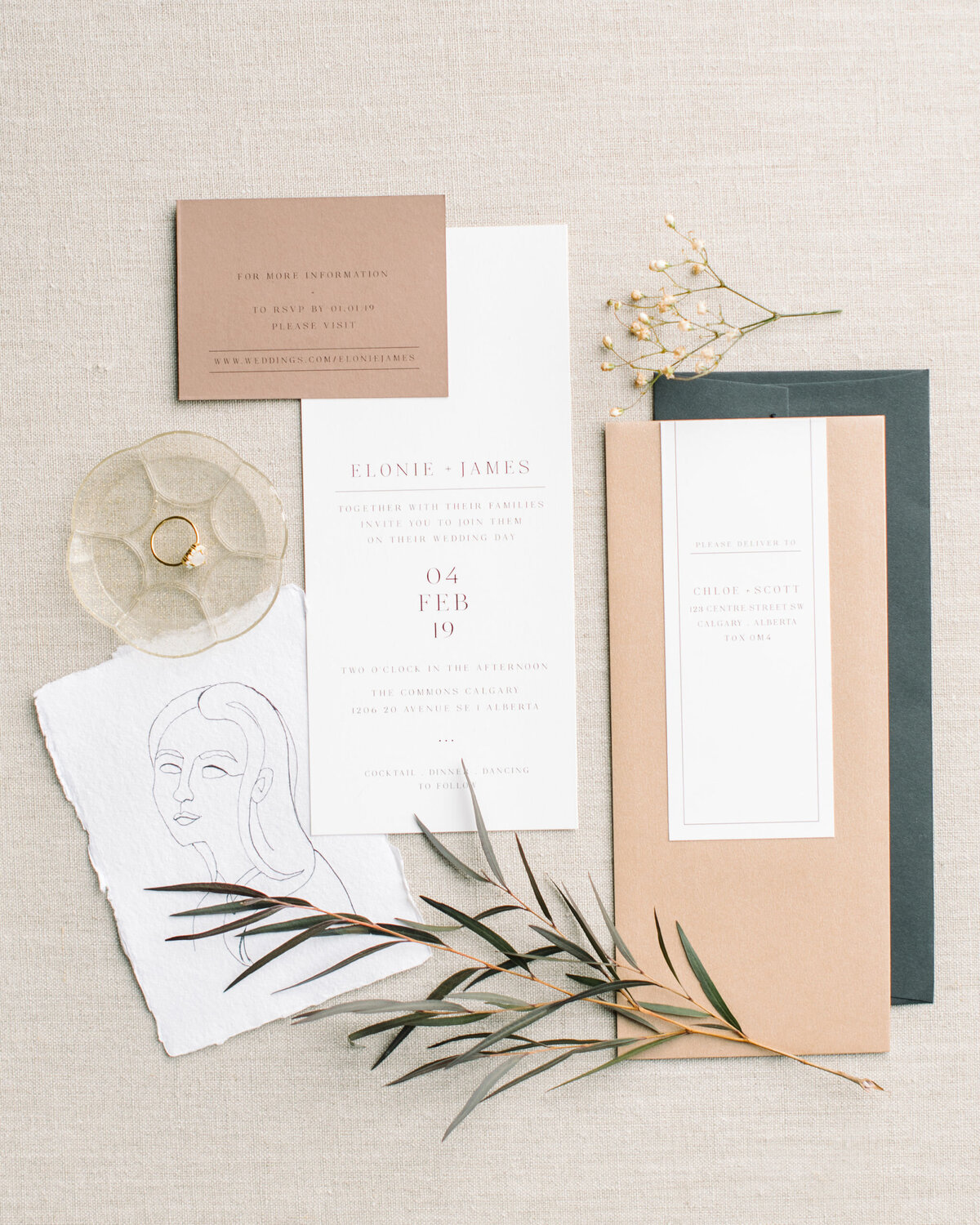 Classic and elegant peach and forest green  wedding invitations by The Social Page, custom wedding invitations & signage based in Calgary, Alberta.  Featured on the Brontë Bride Vendor Guide.