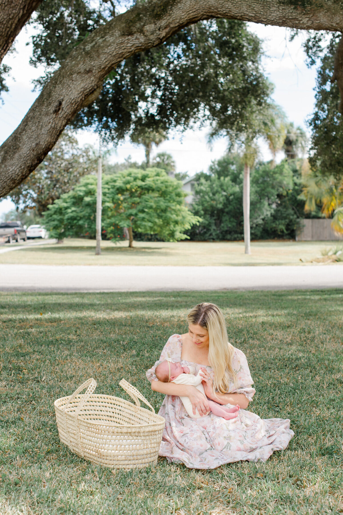 Orlando Newborn photographer captures a beautiful new mom sitting in the grass holding her baby next to a moses basket