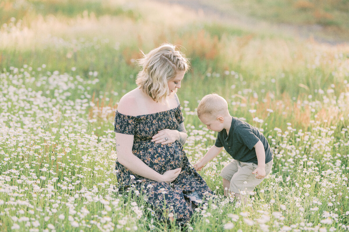 Maternity in dark floral dress with son-2