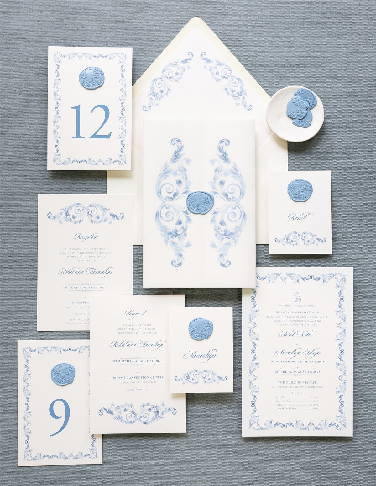 Dusty blue & ivory Hindu wedding invitation 1
