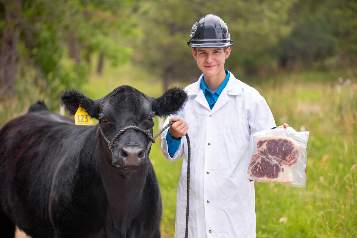 high school senior boy wearing his FFA coat and hard hat holding a package of steaks with his prize steer on a lead