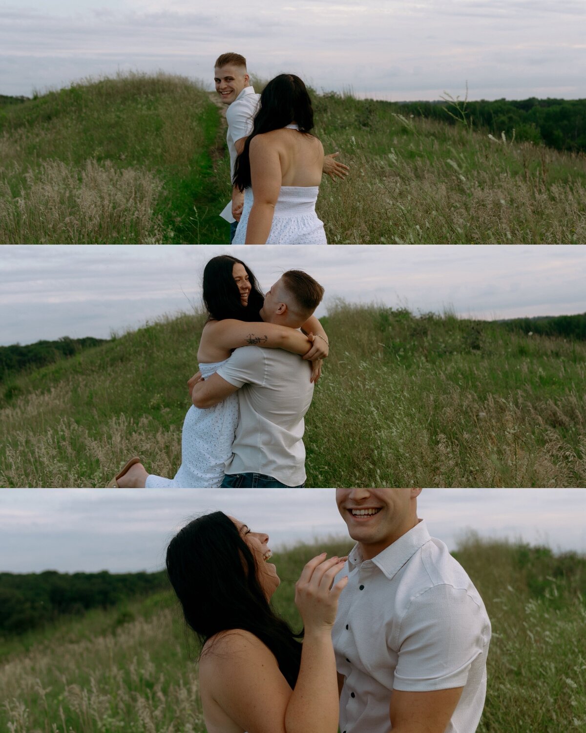 A candid, playful engagement session at Glacial Park in Richmond, Illinois — capturing the couple running through tall grass, embracing, and laughing together during a golden-hour outdoor session with natural, documentary-style photography