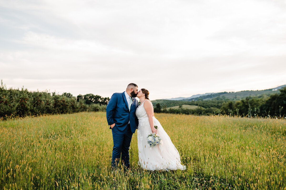 bridal portrait by Virginia wedding photographer with bride and groom kissing one another in the middle of a yellow wildflower field lined with trees  in the distance and mountains past that