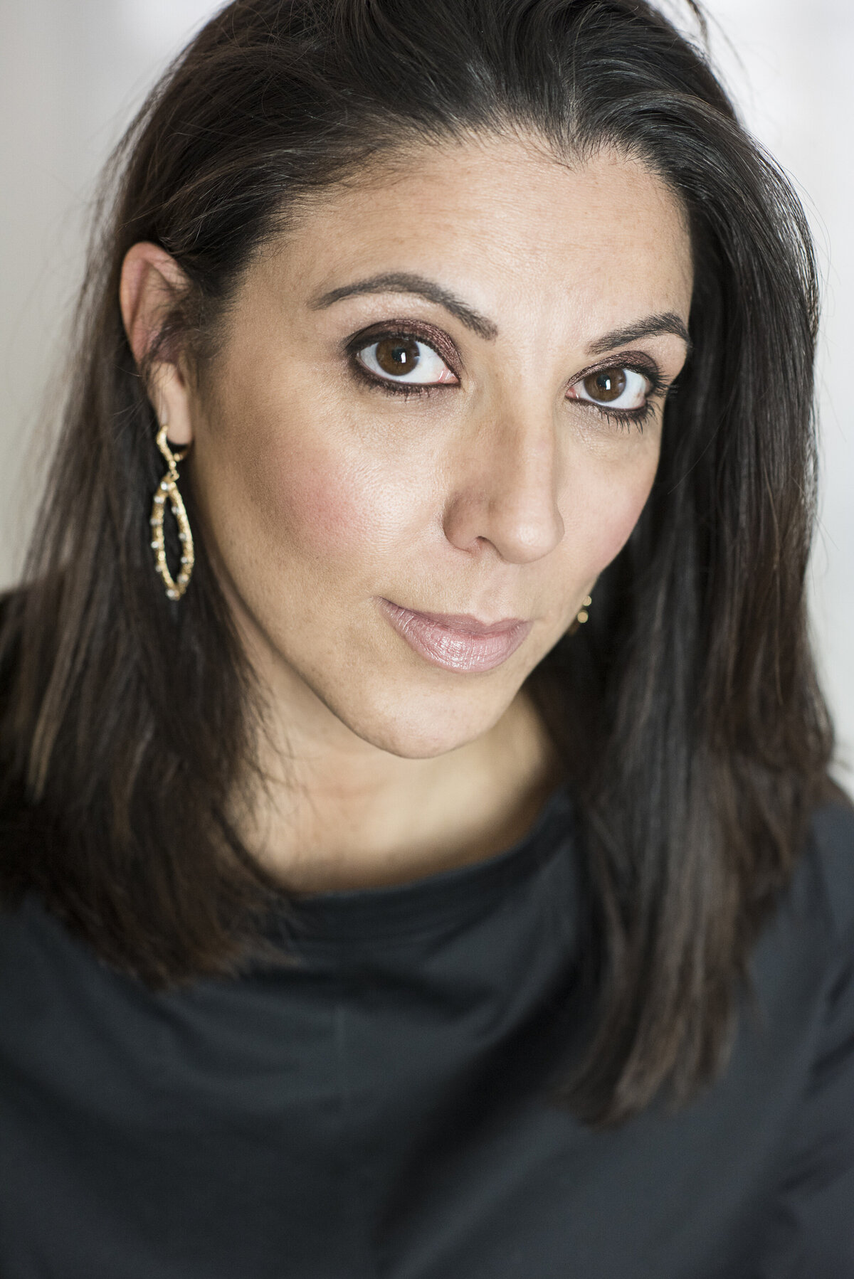 A woman looking up toward the camera