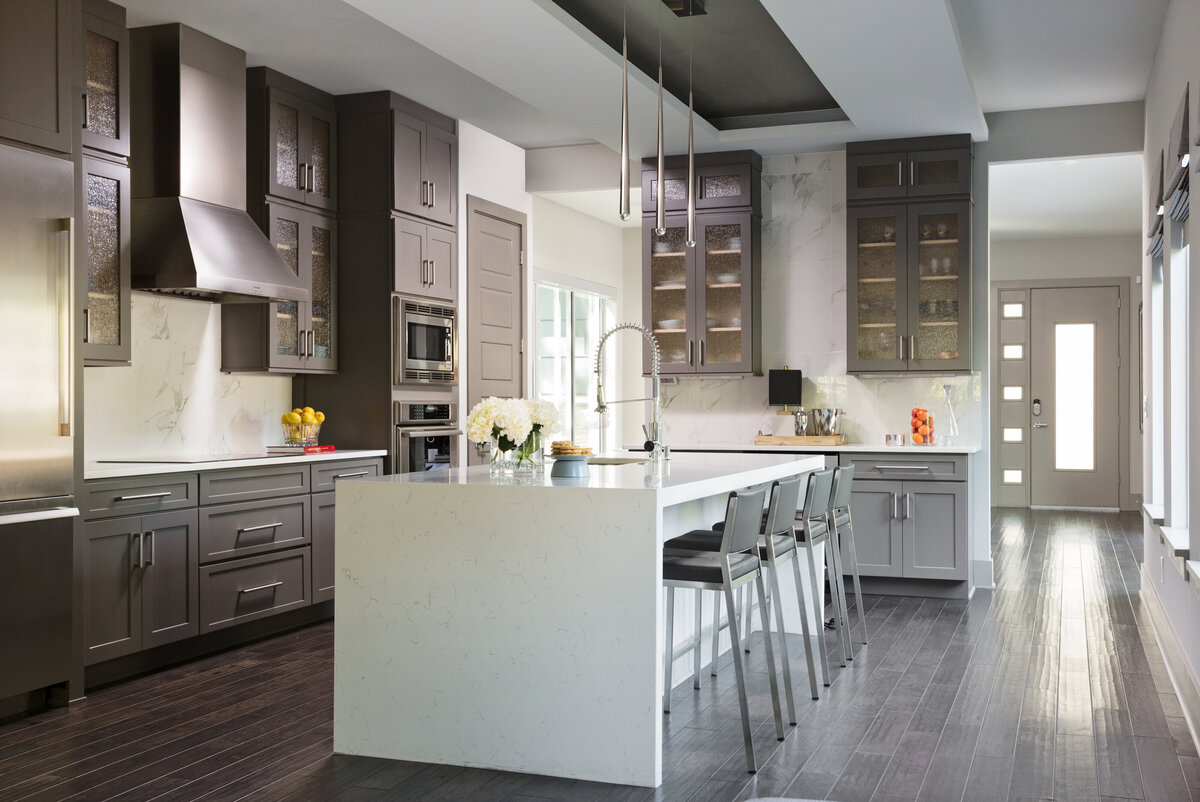Wide View of Modern Design Kitchen Fossil Color Cabinets and Breakfast Nook