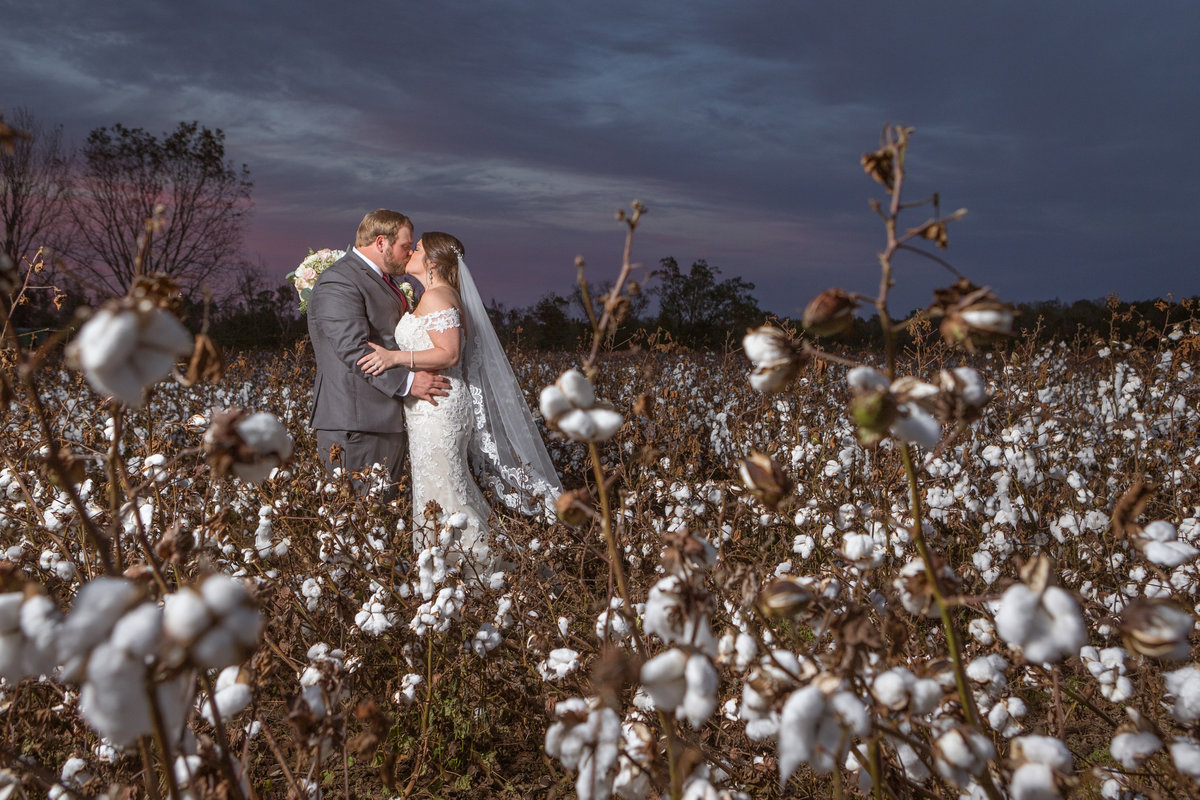 Jillian & Ellis Paul Rodgers' wedding day photo in a cotton field at Triple T Ranch in Fruitdale, Alabama.