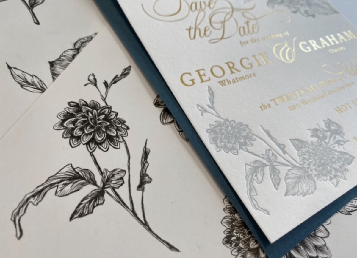 Wedding invitation with calligraphy and floral illustration