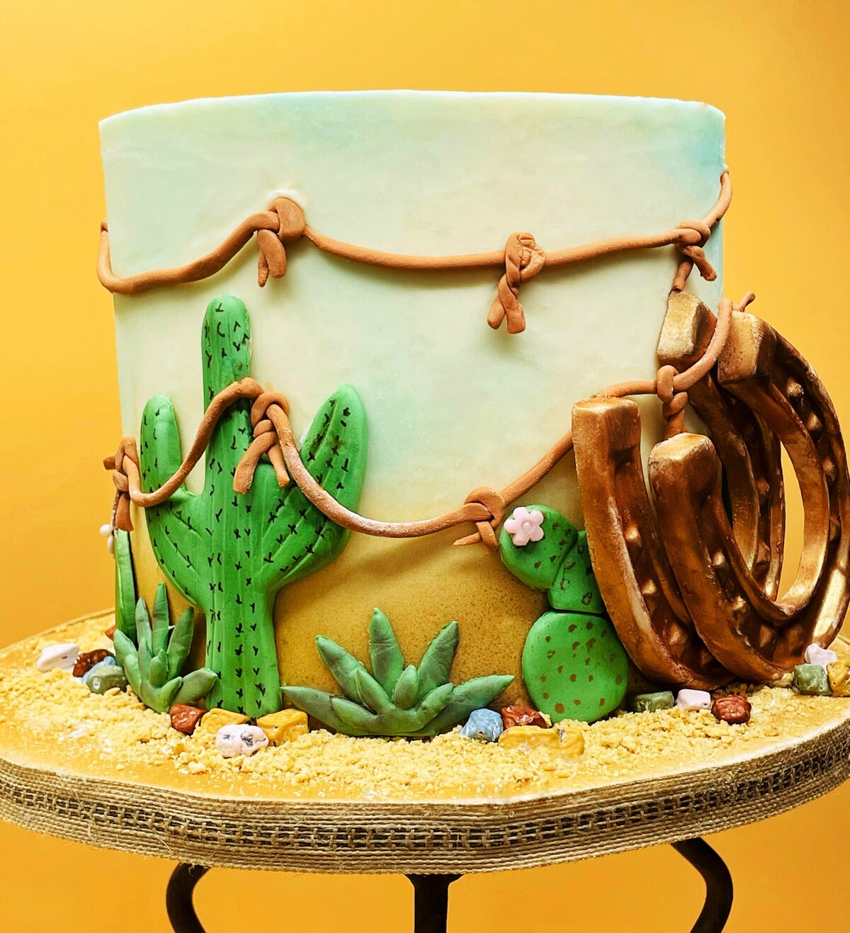 Single tier wedding cake with cowboy design. Design elements include chocolate horseshoes, barbed wire, and succulents against a painted desert sky.