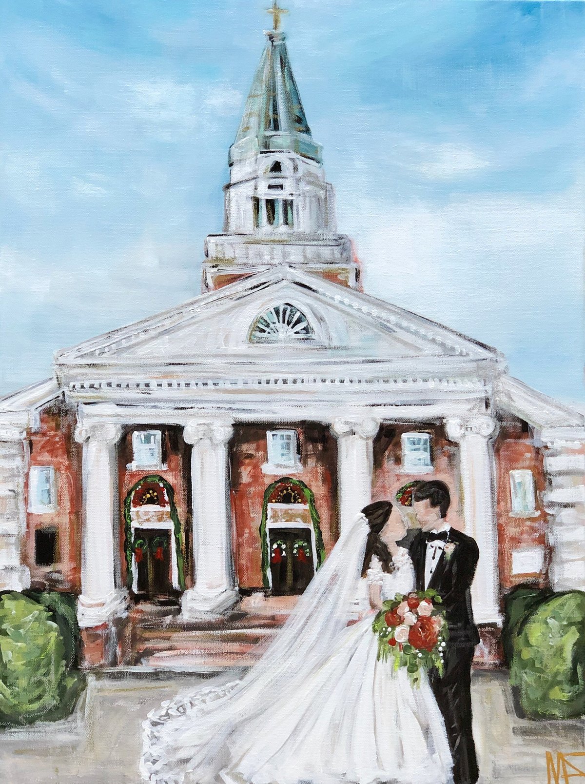 Commissioned painting by Miriam Shufelt, couple in front of church on wedding day