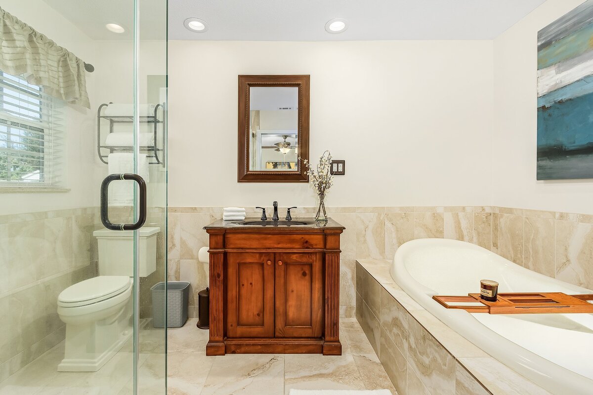 staged short term rental bathroom