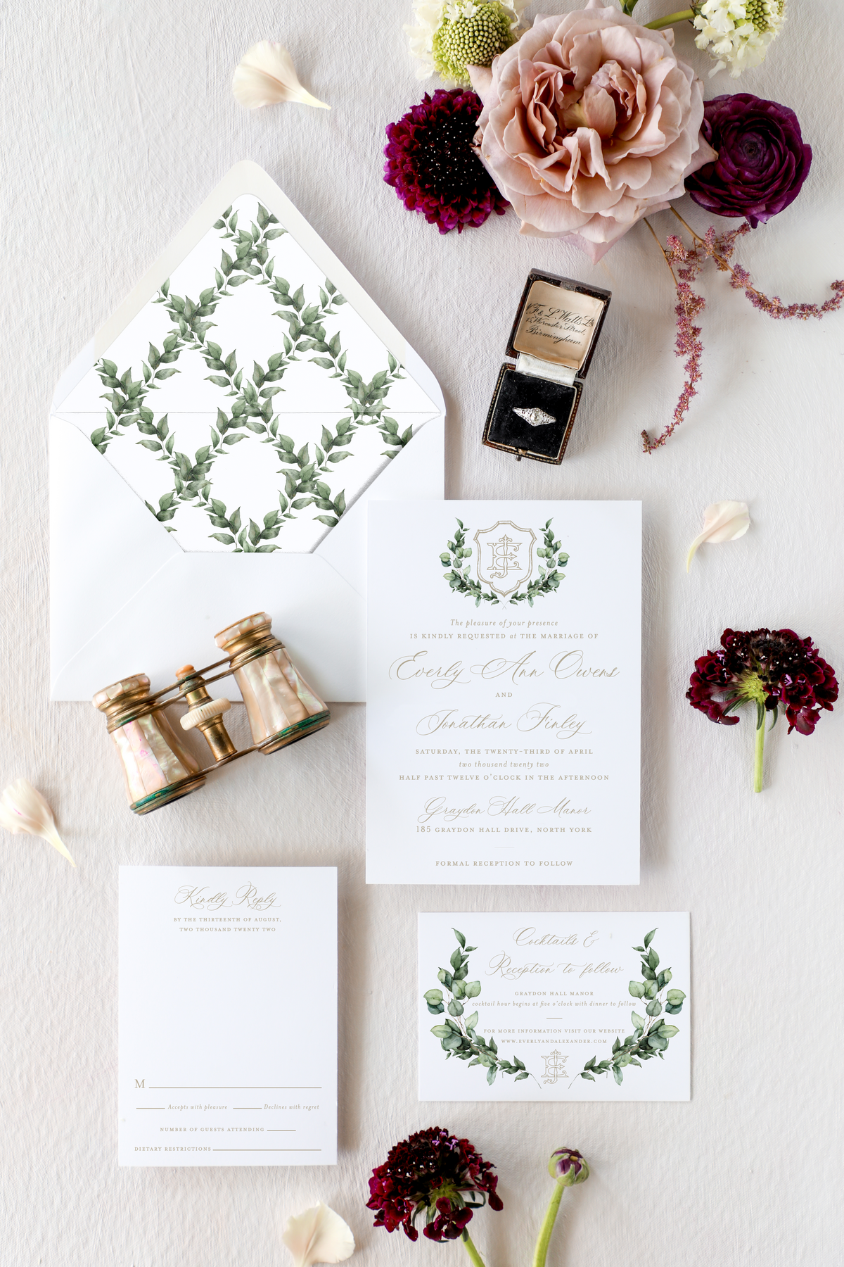 Elegant wedding invitation set with watercolour greenery wreath and matching printed envelope liner